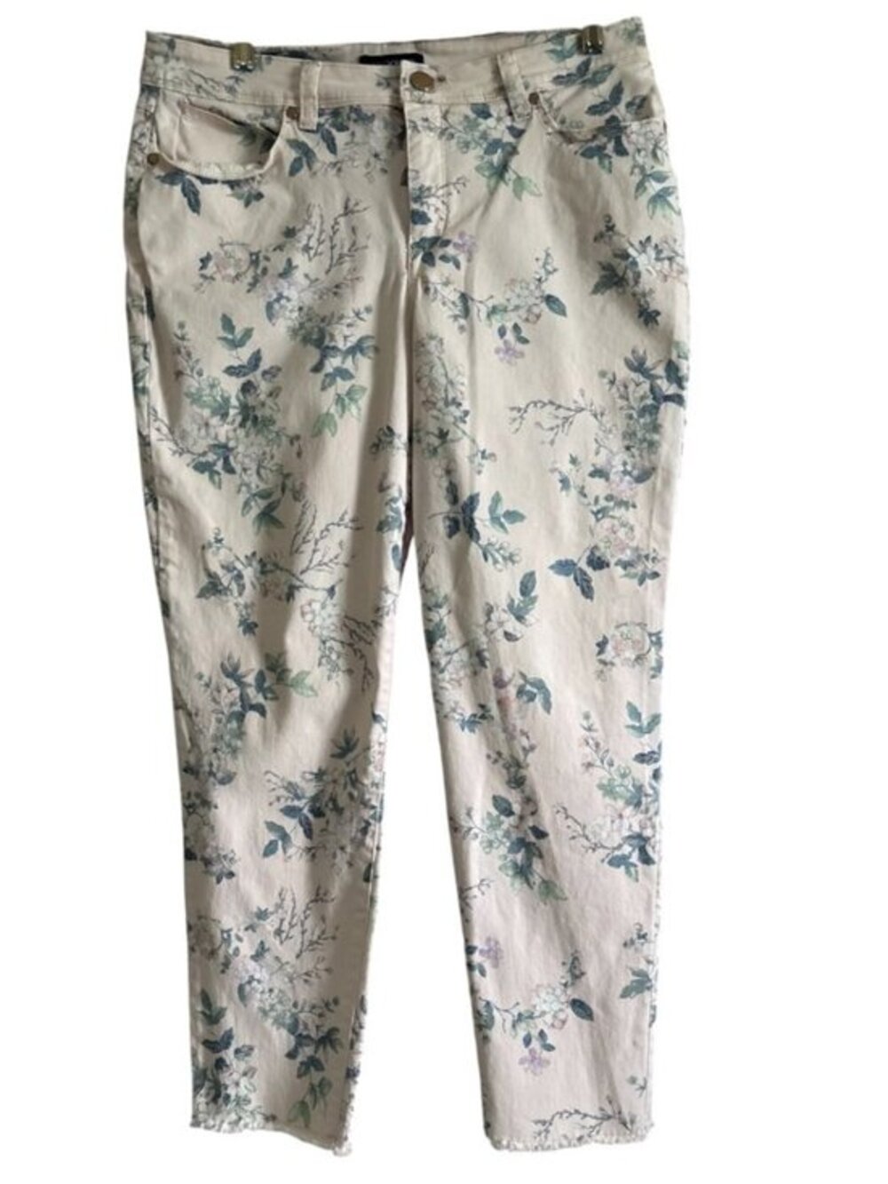 Bandolino Lisbeth Crop Light High Waist  Pink floral Fray Bottom Denim Jeans 10